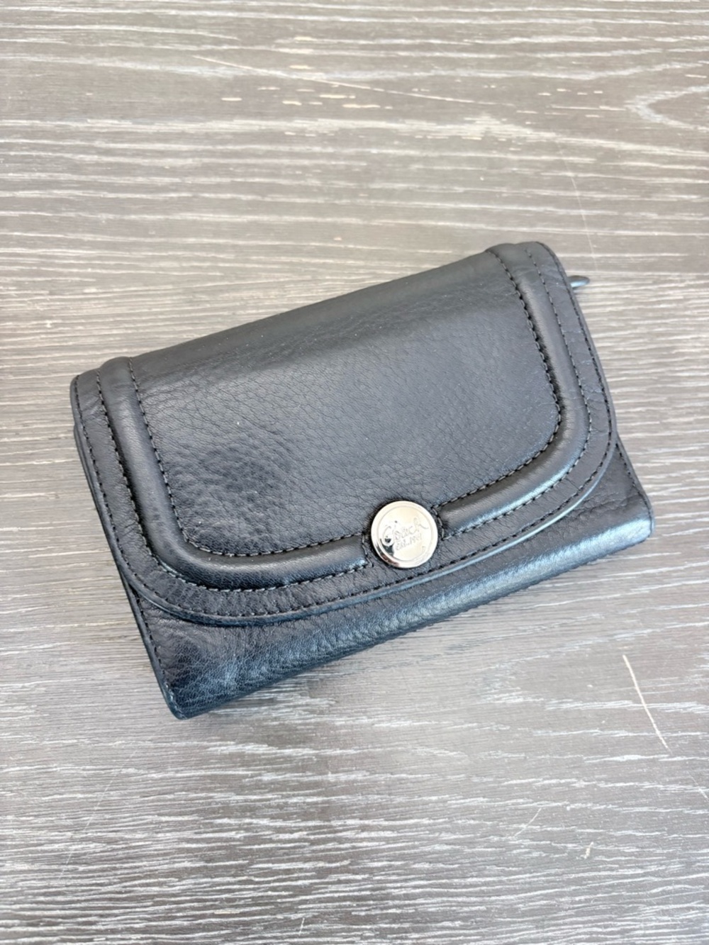 Coach Black Leather Trifold Wallet with Silver Button